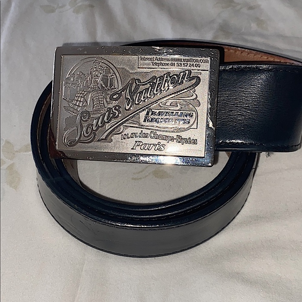 LOUIS VUITTON Black Leather Silver Travelling Belt